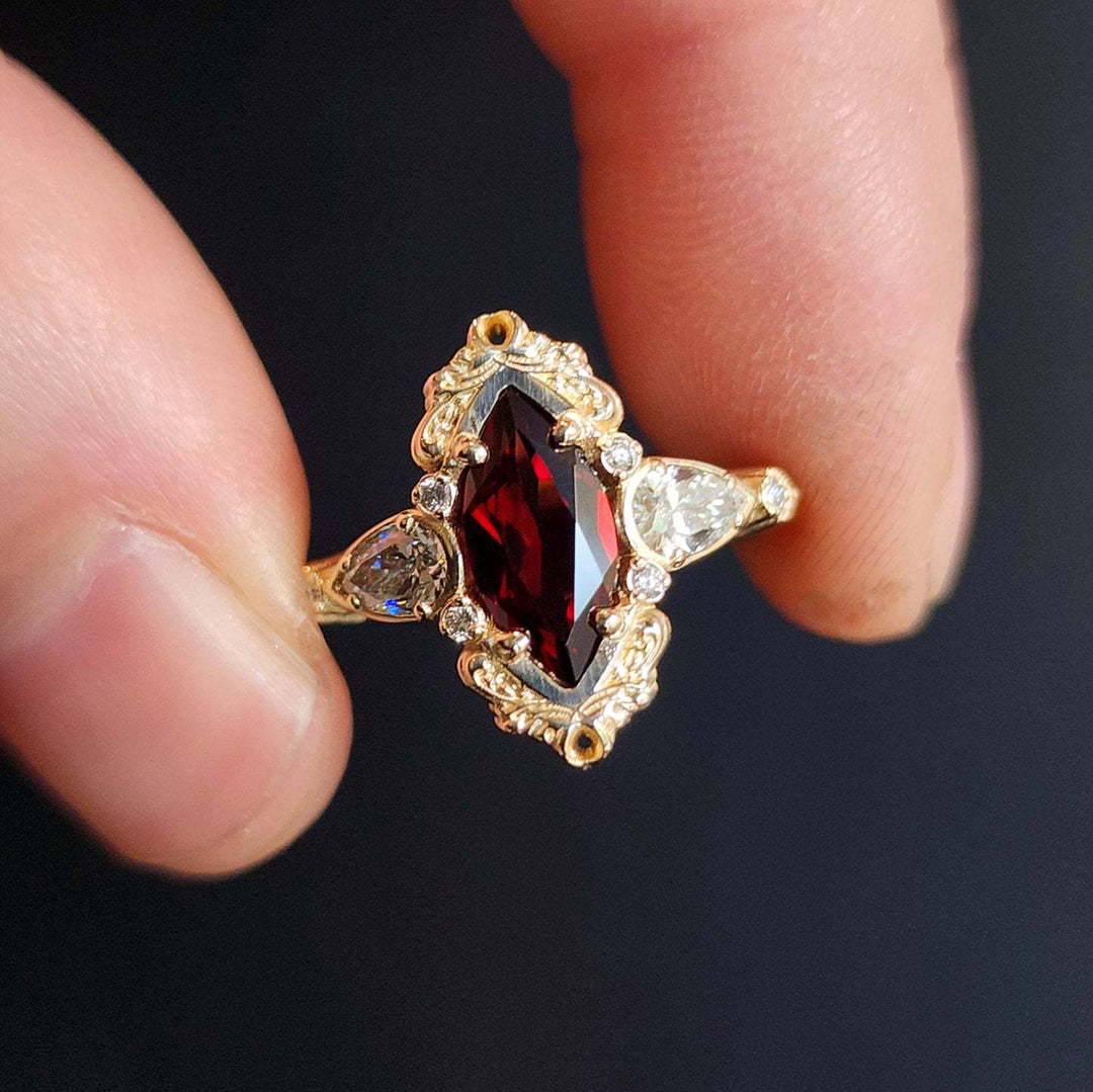 Vintage Marquise Red Gemstone Three Stone Ring Ornate Filigree Halo Diamond Accent Promise Ring Antique Gothic Bridal Statement Ring