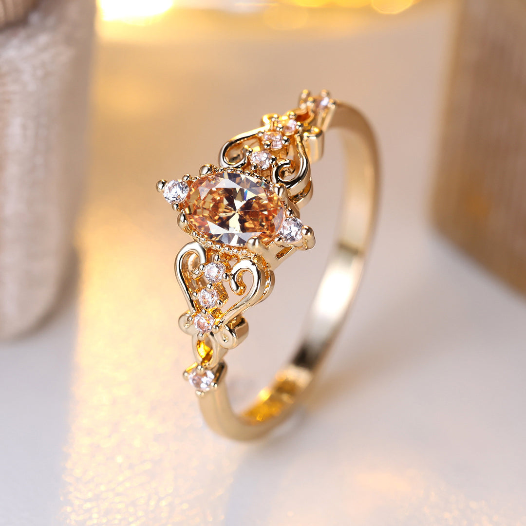 Champagne Diamond Vintage Filigree Ring Women Oval Art Nouveau Gold Engagement Ring