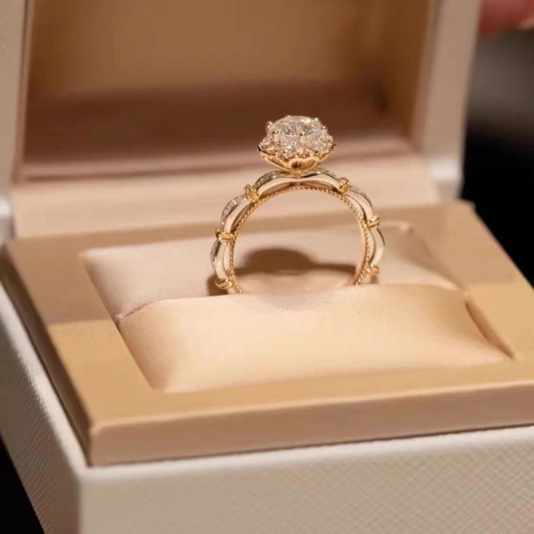 Round Diamond Floral Halo Engagement Ring Two Tone Vintage Lace Statement Bridal Promise Ring