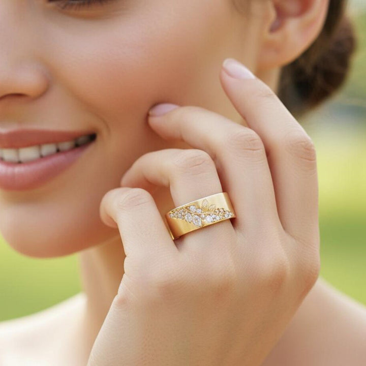 Vintage Leaf Branch Wide Band Ring Marquise Round Diamond Inlaid Statement Ring Bridal Wedding Band Elegant Stackable Cocktail Ring Timeless Luxury Jewelry For Her Gift