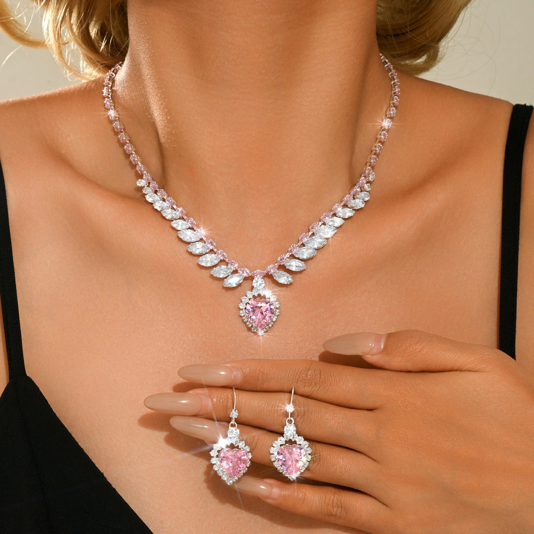 Pink Heart Diamond Jewelry Set Women Necklace Earrings Silver Choker Luxury Gift