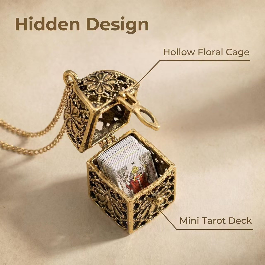 Vintage Floral Hollow Locket Openable Pendant Necklace, Storage Locket with Mini Tarot Cards