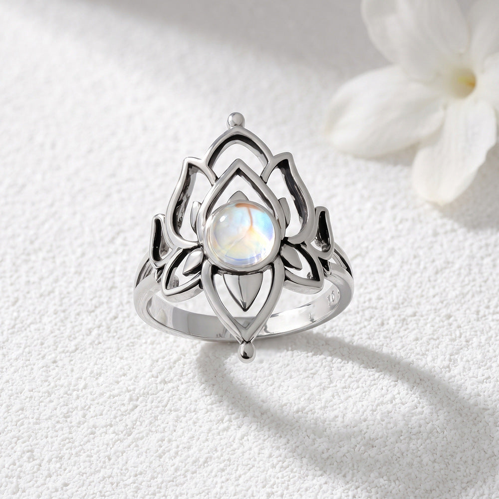 Open‑Work Lotus Moonstone Women Ring, Elegant Boho‑Chic Floral Band