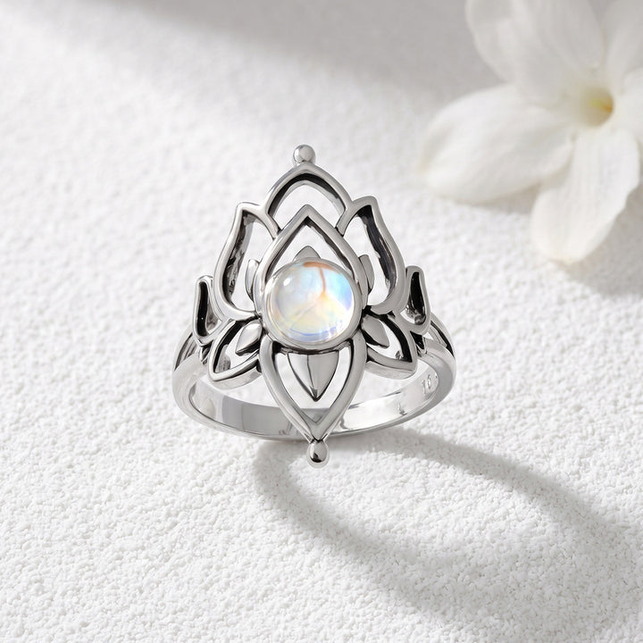 Open‑Work Lotus Moonstone Women Ring, Elegant Boho‑Chic Floral Band