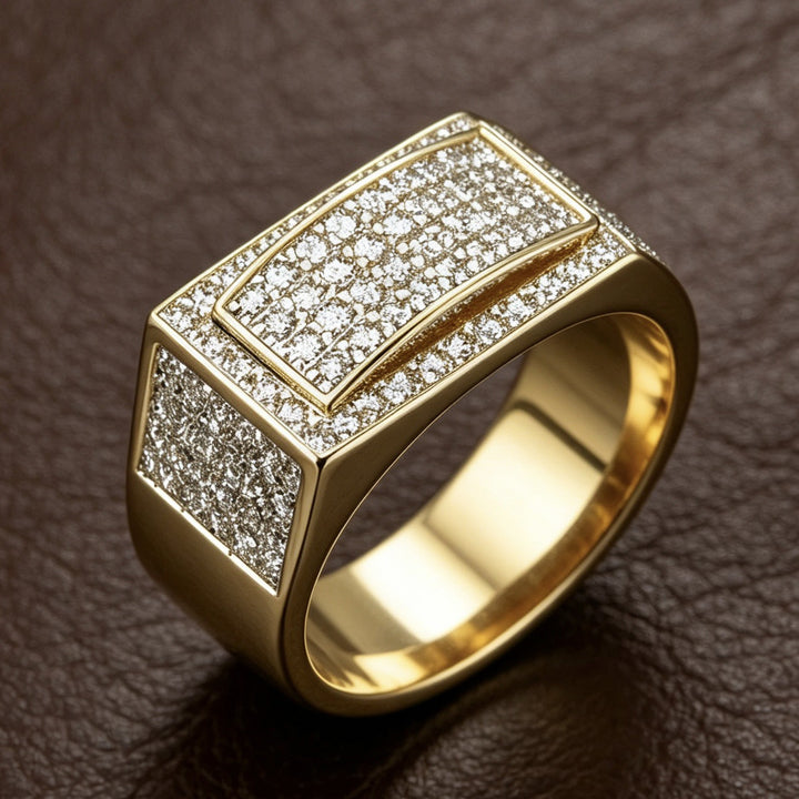 Full Paved Square Wide Band Men Ring Luxury Elegant Business Style Statement Rin