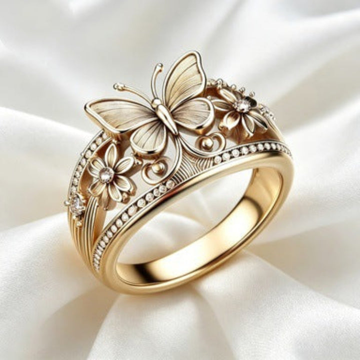 Vintage Butterfly Flower Statement Ring Elegant Inlaid Diamond Women Jewelry