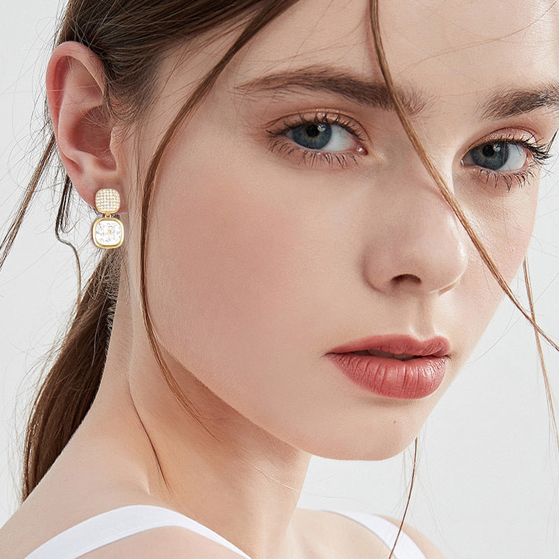 Cushion Cut Diamond Drop Earrings Women Pave Two Tier Square Gold Statement Earrings