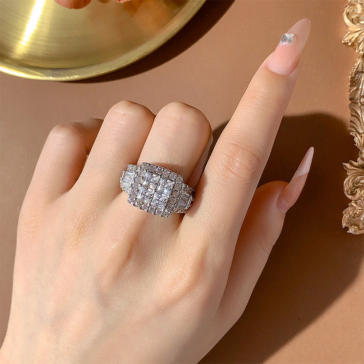 Luxury Square Cluster Set Sterling Silver Ring Paved Diamond Unisex Engagement Ring