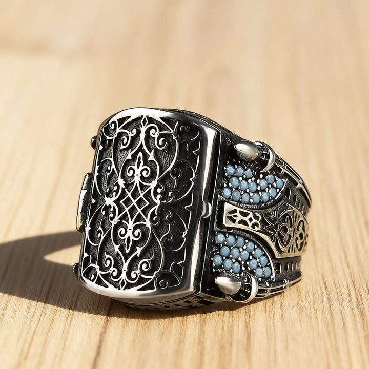 Vintage Engraved Secret Compartment Statement Ring Men Retro Turquoise Inlaid Jewelry
