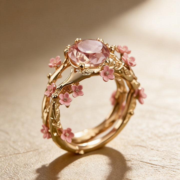 Pink Diamond Cherry Blossom Branch Ring Women Nature Inspired Vintage Flower Cocktail Ring