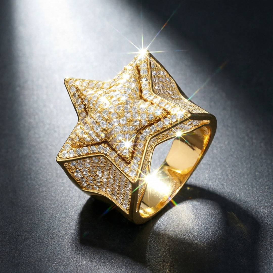 Paved Diamond 3D Star Ring For Men Hip Hop Personalized Fashion Finger Ring Luxury Premium Feel