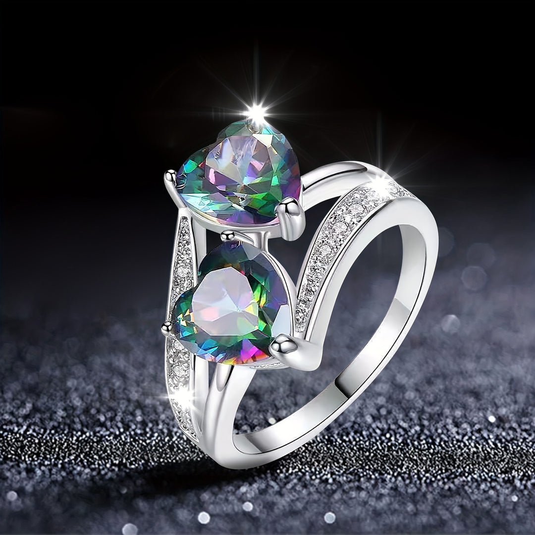 Women’s Ring With Two‑Heart‑Cut Mystic Gemstones Twisted Shank Paved Diamond Romantic Ring