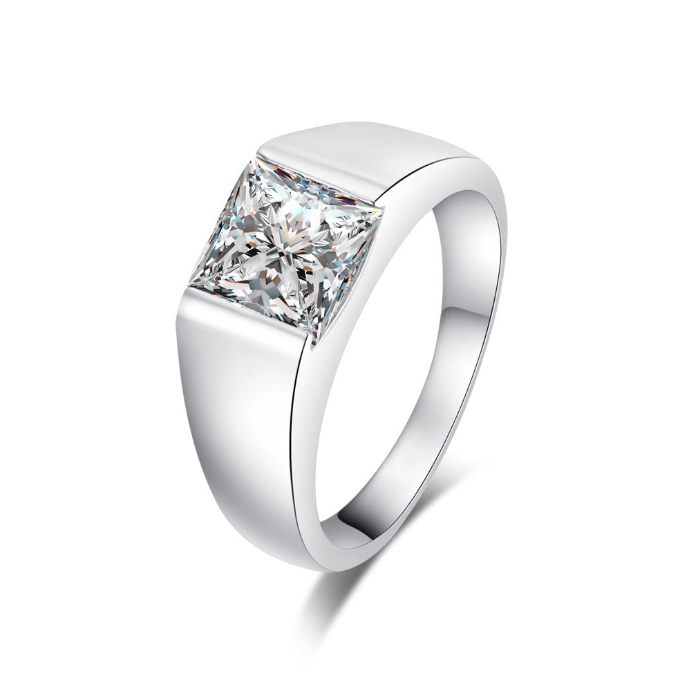 Minimal Square Center Stone Mens Smooth Wide Ring Business Diamond Band