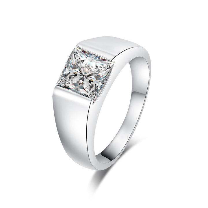 Minimal Square Center Stone Mens Smooth Wide Ring Business Diamond Band