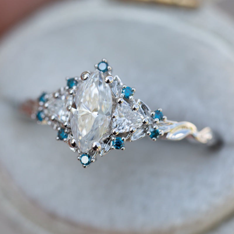 Marquise Diamond Three Stone Engagement Ring With Accent Blue Gemstones Twisted Band Vintage Halo Promise Ring Bridal Statement Jewelry