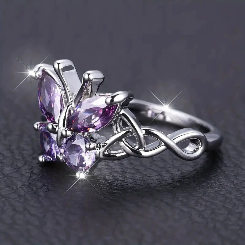 Pink & Purple Two‑Color Women’s Butterfly Ring Interwoven Knot‑Shank Delicate Ring