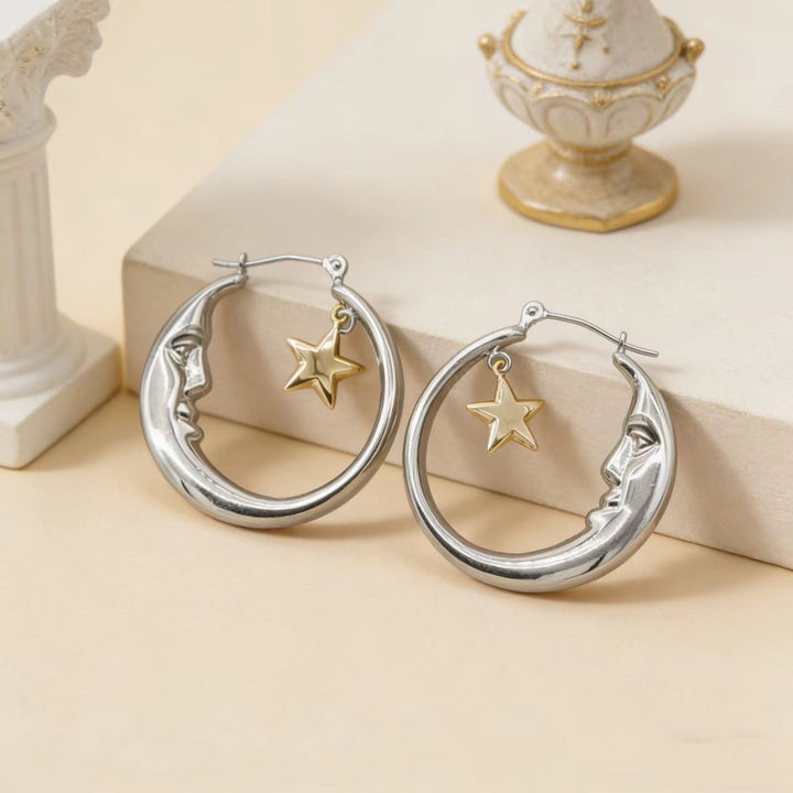 Moon Face Star Hoop Earrings Women Two Tone Crescent Celestial Statement Earrings