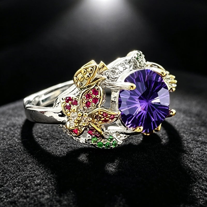 Amethyst Butterfly Statement Ring Women Vintage Two Tone Firework Cut Cocktail Ring
