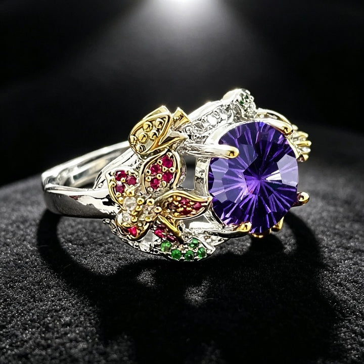Amethyst Butterfly Statement Ring Women Vintage Two Tone Firework Cut Cocktail Ring
