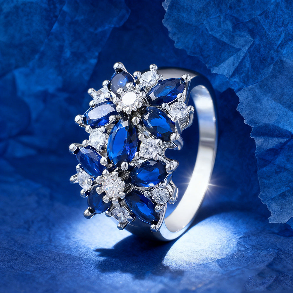 Marquise‑Cut Sapphire Cluster S925 Sterling Silver Ring, Diamond Accent Cocktail Ring