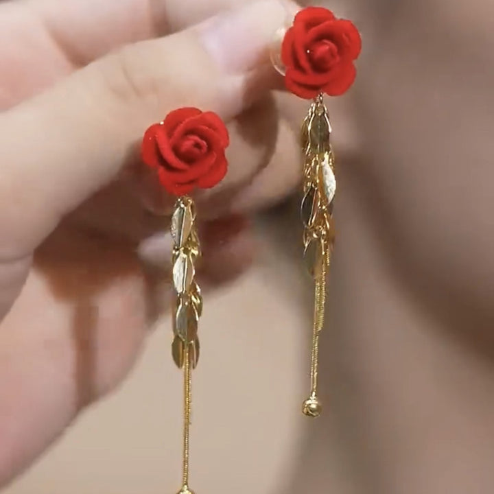 Red Rose Leaf Tassel Drop Earrings Long Dangle Earrings For Women