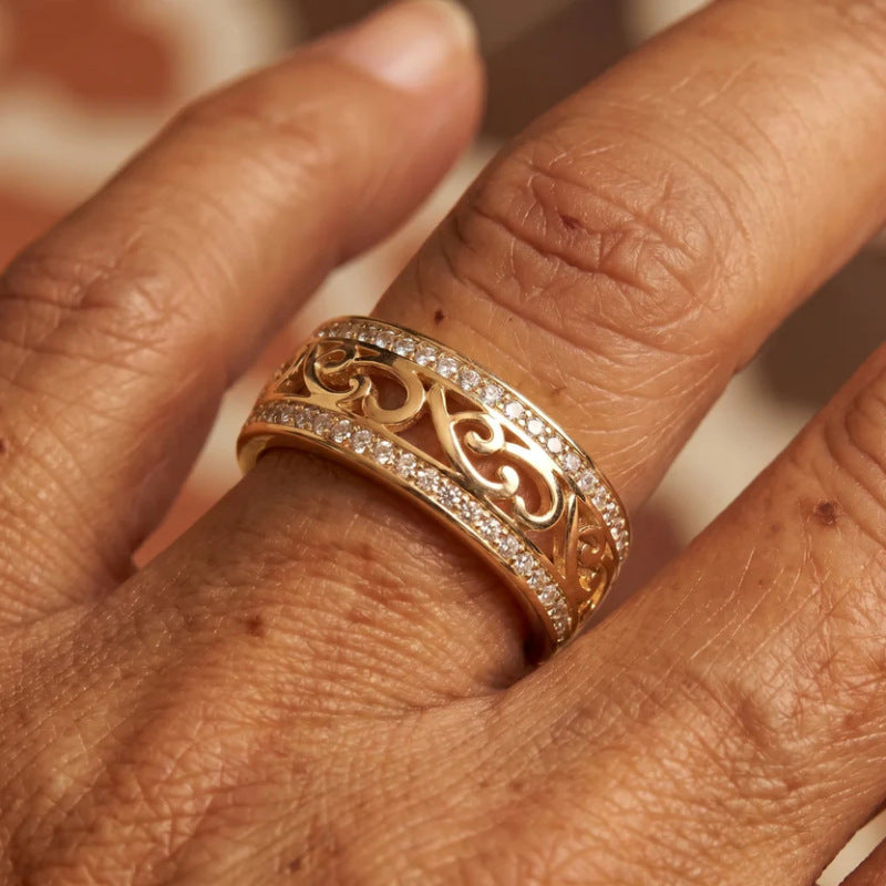 Vintage Filigree Band Ring Hollow Scroll Pattern Stackable Ring Pave Diamond Eternity Statement Ring For Women
