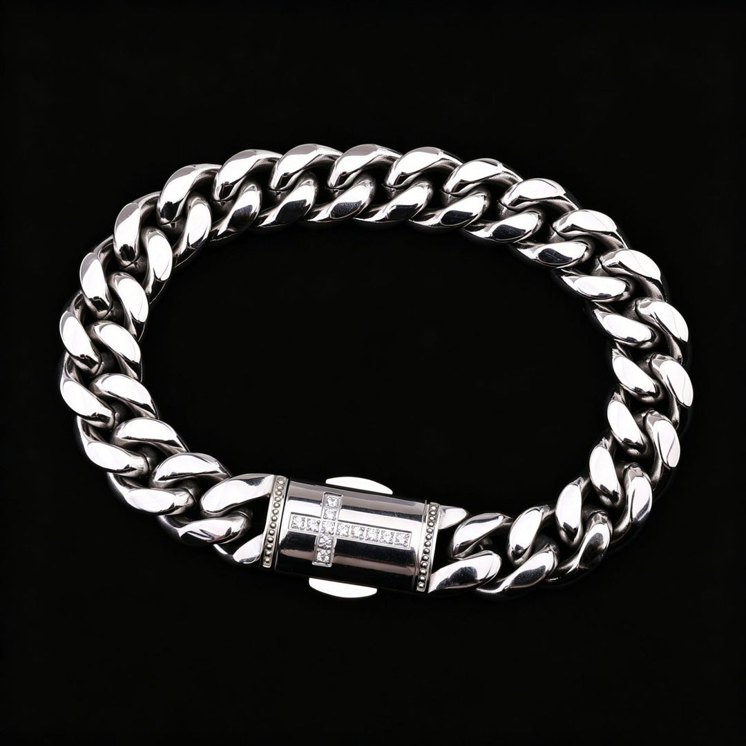 Cross Cuban Link Bracelet Trendy Hip Hop Mens Thick Chain Wrist Jewelry