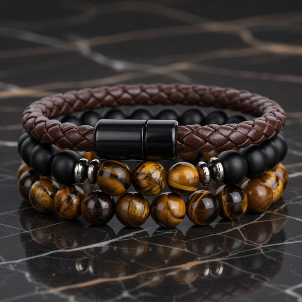 Men Multi Layer Stacked Bracelet Set Braided Leather Natural Stone Bead Wristband Classic Minimalist Statement Hand Jewelry