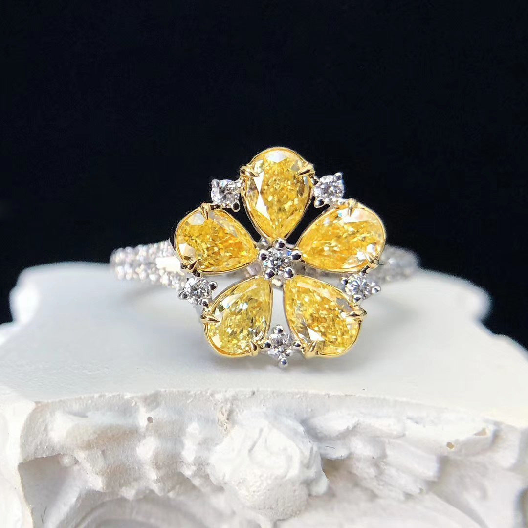 Pear‑Shaped Yellow Diamond Floral Open Adjustable Ring, Paved Split‑Shank Two‑Tone Flower Ladies Ring