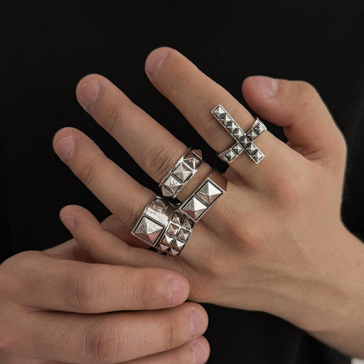 Silver Pyramid Stud Cross Five Piece Ring Set Punk Mens Adjustable Open Rings
