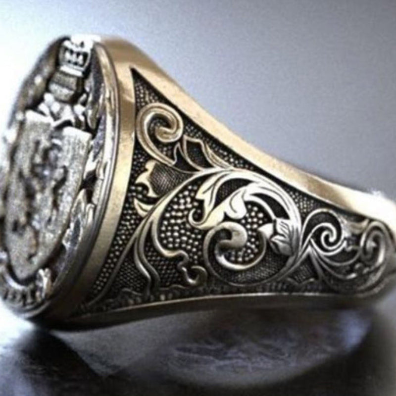 Heraldic Lion Crest Signet Ring Vintage Scroll Engraved Band Antique Royal Statement Ring For Men