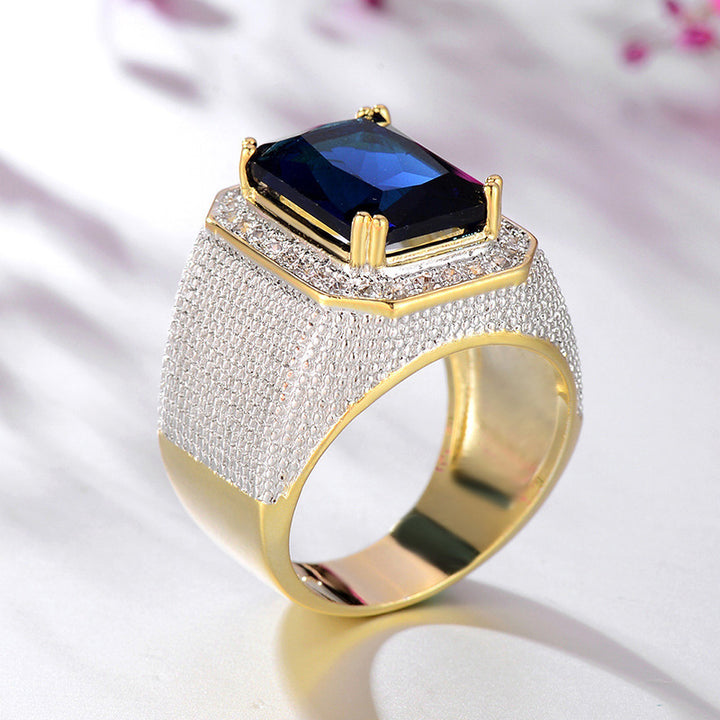 Vintage Square Sapphire Men's Ring Pave‑Set Diamond Two‑Tone Heavy‑Weight Band