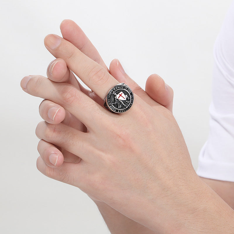 Knights Templar Armor Of God Signet Ring For Men Vintage Cross Engraved Titanium Steel Statement Ring