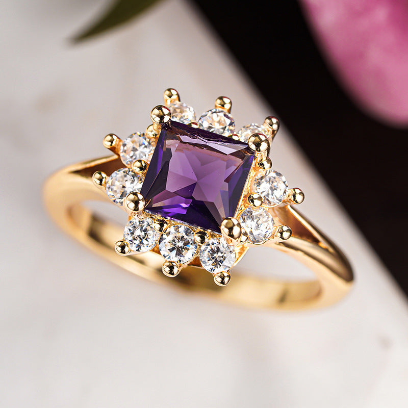 Princess Cut Purple Diamond Halo Ring Women Gold Engagement Cocktail Jewelry Gift