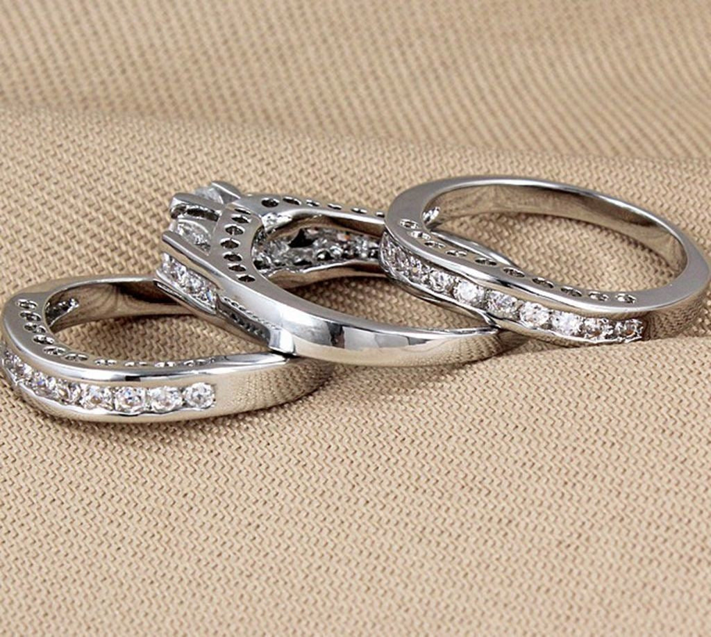 Three Stone Diamond Ring Set Matching Stackable Wedding Band Bridal Ring Set For Women