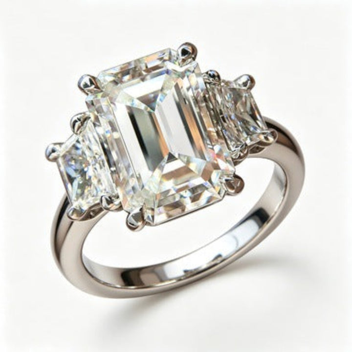 Emerald Cut Three Stone Diamond Ring Minimalist Engagement Ring