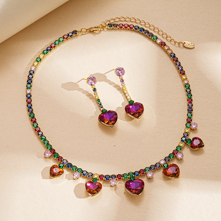 Rainbow Heart Tennis Necklace Earrings Set Women Colorful CZ Gold Jewelry Gift