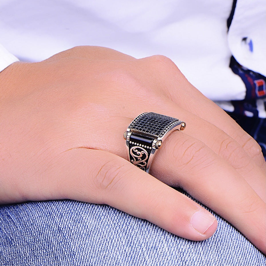Vintage Square Signet Ring Engraved Scroll Pattern Statement Ring Paved Black Diamond Inlaid Black Stone Two Tone Retro Handmade Men Cocktail Ring Fashion Mens Jewelry