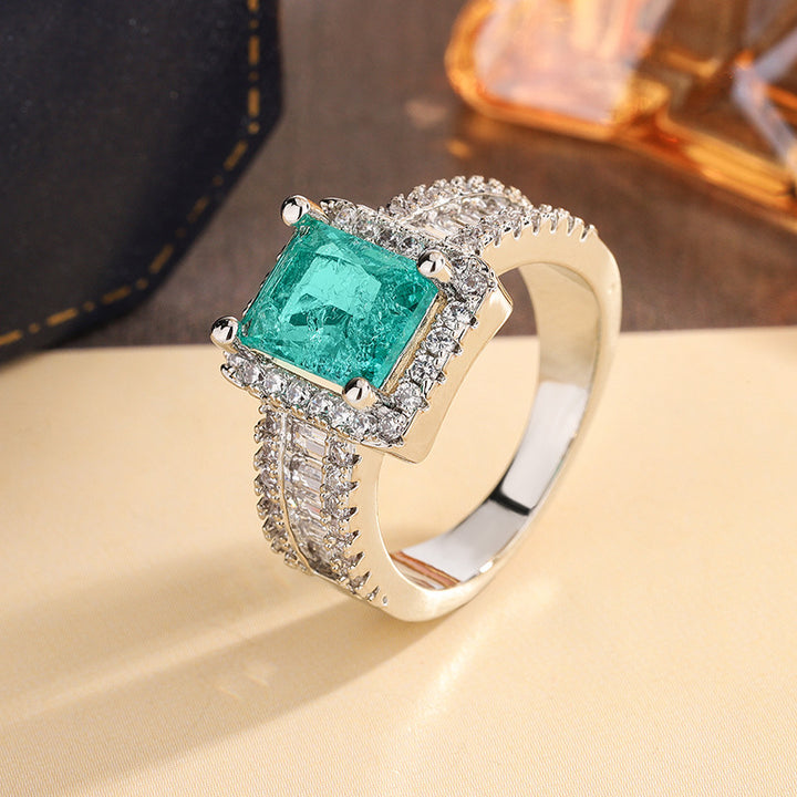 Emerald Cut Green Gem Halo Jewelry Ring Wide Band Statement Ring For Women Wedding Anniversary Gift