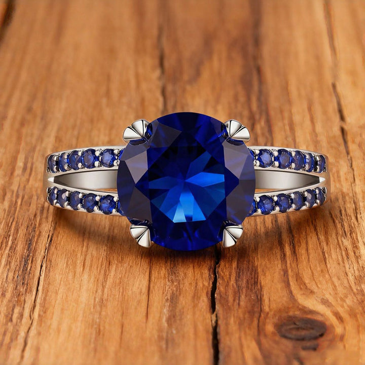 Round‑Cut Sapphire Double‑Shank Sterling Silver Ring Luxurious Elegant Women’s Band