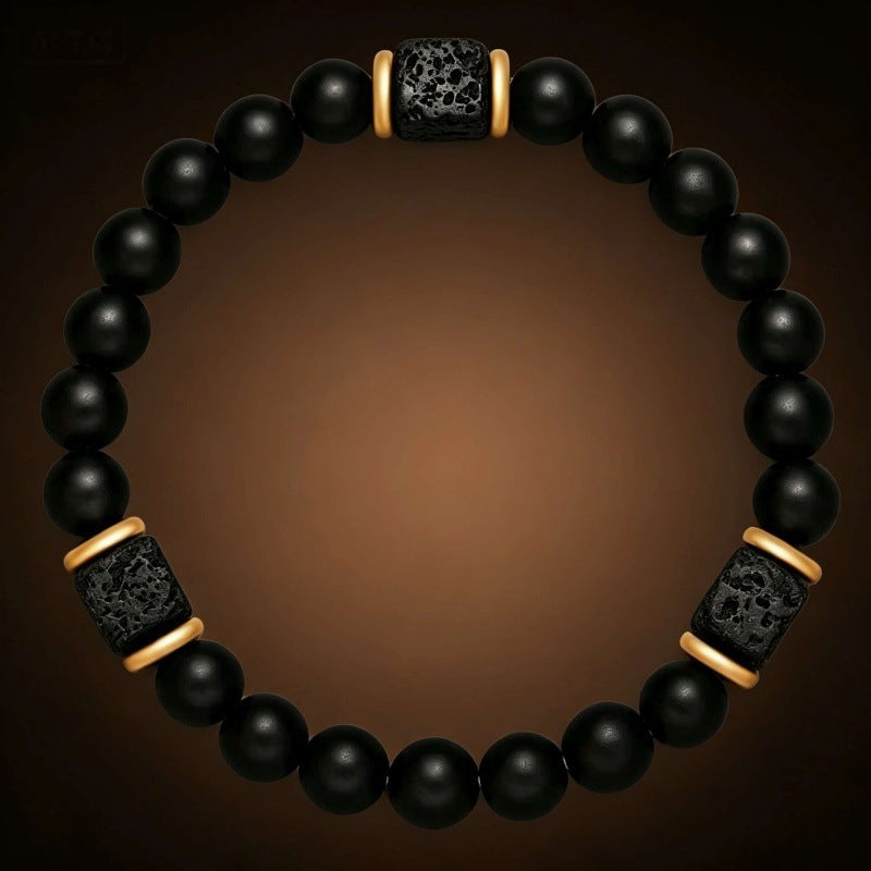 Men’s Elastic Bracelet With Obsidian Cube & Matte Black Onyx Beads Retro Contrast Spacer Bracelet