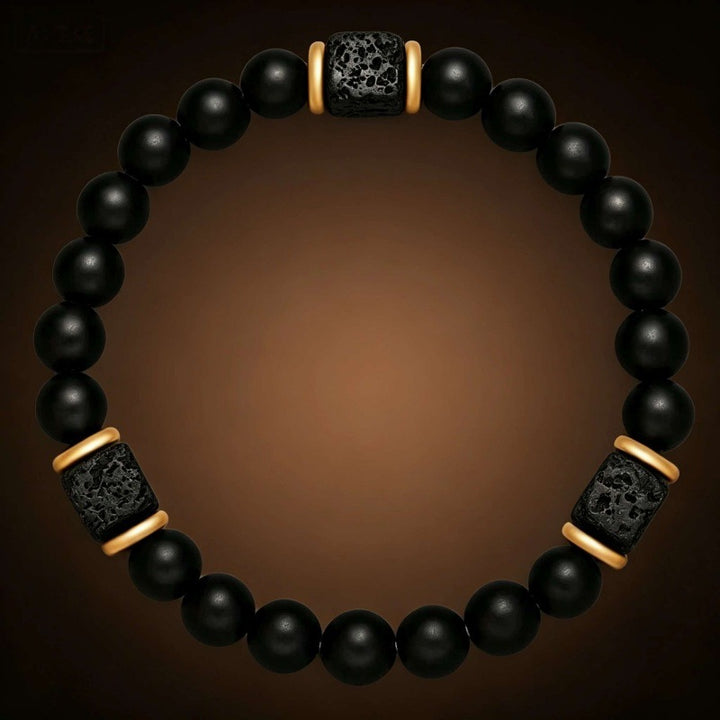 Men’s Elastic Bracelet With Obsidian Cube & Matte Black Onyx Beads Retro Contrast Spacer Bracelet
