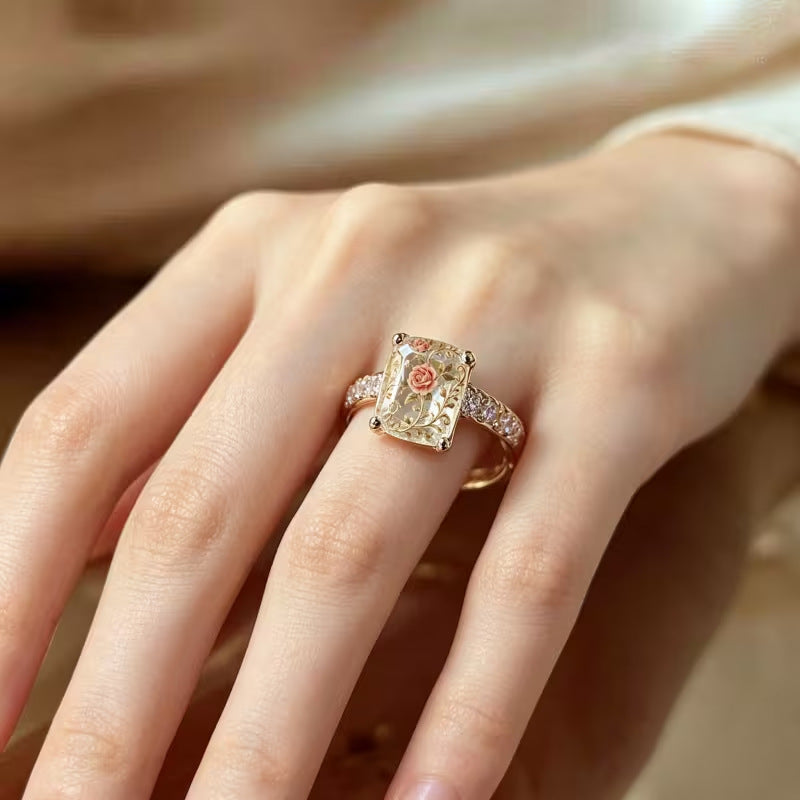 Vintage Rose Inlay Cushion Diamond Ring Women French Romantic Leaf Vine Gold Engagement Ring