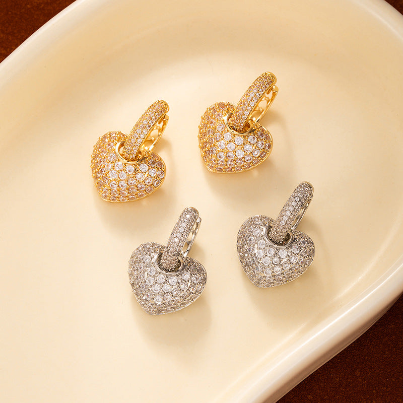 Pave Diamond Heart Charm Huggie Hoop Earrings Women Removable Pendant Drop Earrings
