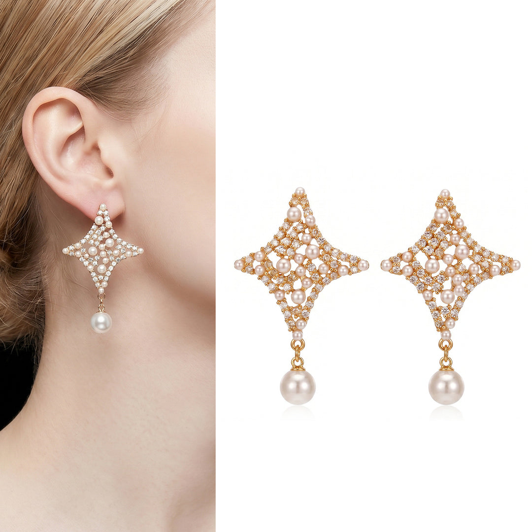 Star Pearl Drop Earrings Women Diamond Crystal Gold Silver Luxury Elegant Jewelry Gift
