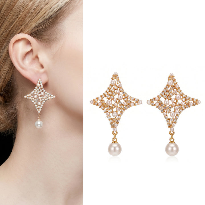 Star Pearl Drop Earrings Women Diamond Crystal Gold Silver Luxury Elegant Jewelry Gift