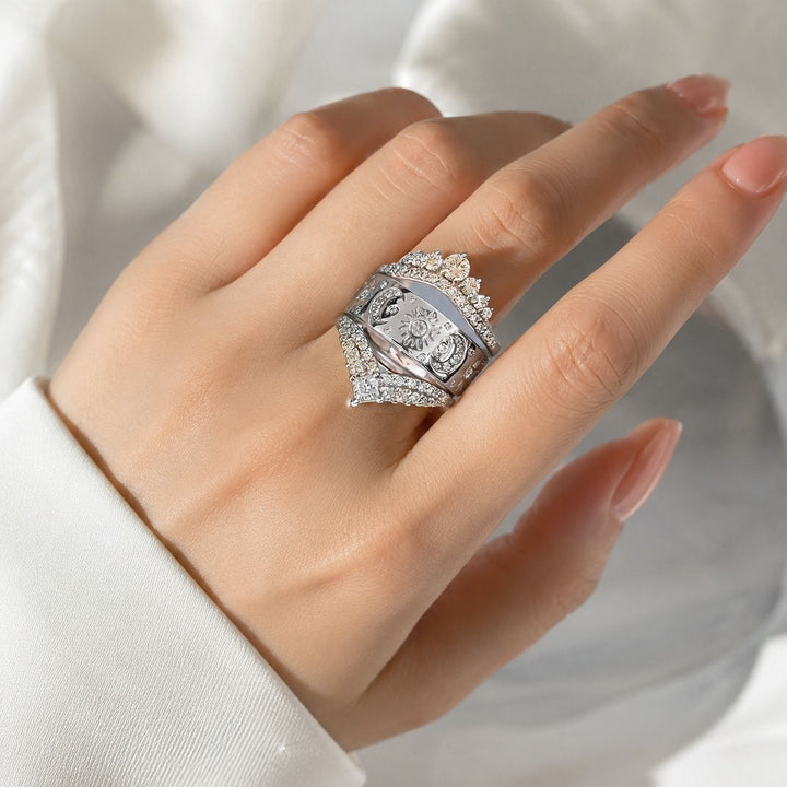 Sun Moon Celestial 3 Piece Stackable Ring Set Women V Shape Pave Diamond Chevron Midi Ring