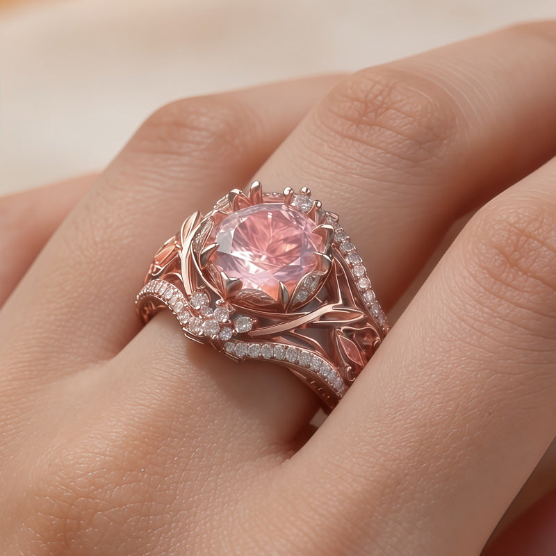 Pink Diamond Vine Flower Engagement Ring Women Rose Gold Floral Leaf Crown Openwork Promise Ring