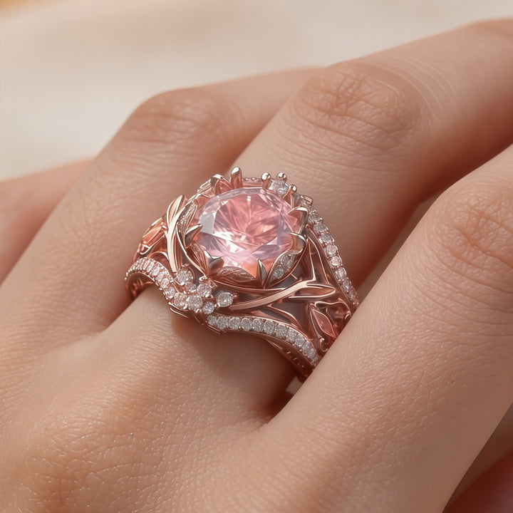 Pink Diamond Vine Flower Engagement Ring Women Rose Gold Floral Leaf Crown Openwork Promise Ring