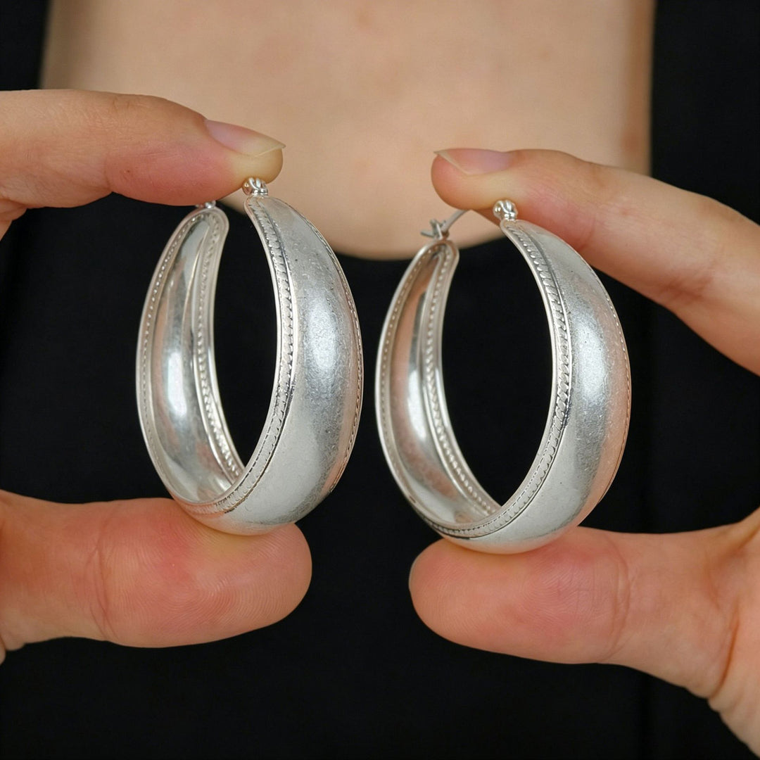 Wide Band Hoop Earrings Pure Silver Ear Pin Vintage Textured Large Circle Earrings For Women